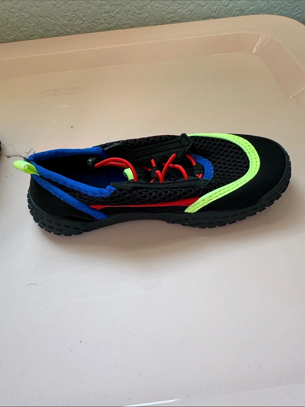 wonder nation Black Water Shoes with Neon Green, Royal Blue & Red Details